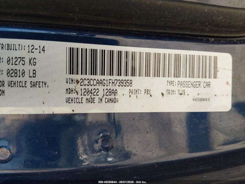 2015 Chrysler 300 VIN 2C3CCAAG1FH739358 IAAI salvage auction — Burn Interior, Salvage Title, sold $1,900 on 2026-08-25 (photo 9)