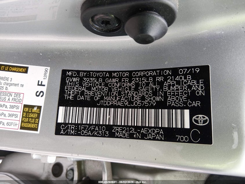 2020 Toyota Corolla VIN JTDDPRAE9LJ057579 IAAI salvage auction — FRONT END, Salvage Title, sold $3,050 on 2026-07-10 (photo 9)