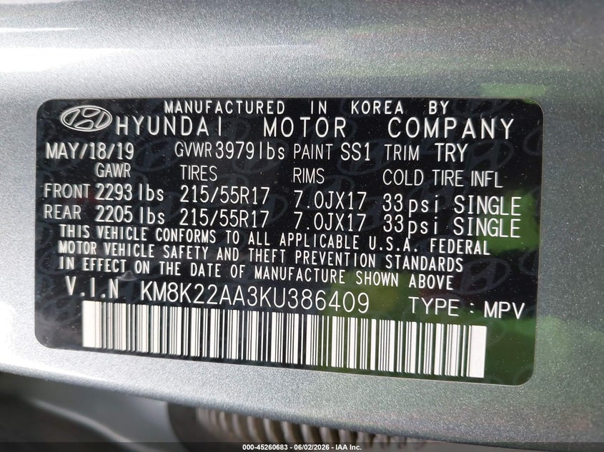 2019 Hyundai Kona VIN KM8K22AA3KU386409 IAAI salvage auction — REAR END, Salvage Title, sold $2,625 on 2026-07-29 (photo 9)