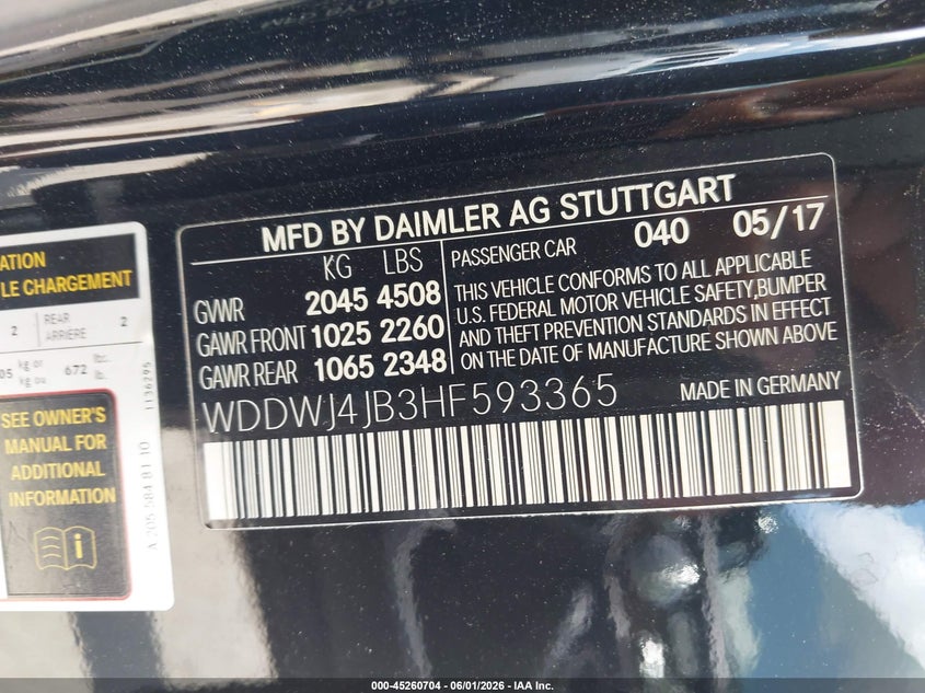 2017 Mercedes-benz VIN WDDWJ4JB3HF593365 IAAI salvage auction — FRONT END, Salvage Title, sold $4,450 on 2026-08-13 (photo 9)