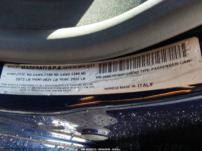 2017 Maserati Ghibli VIN ZAM57RTA6H1248362 IAAI salvage auction — FRONT END, Salvage Title, sold $5,950 on 2026-08-05 (photo 9)