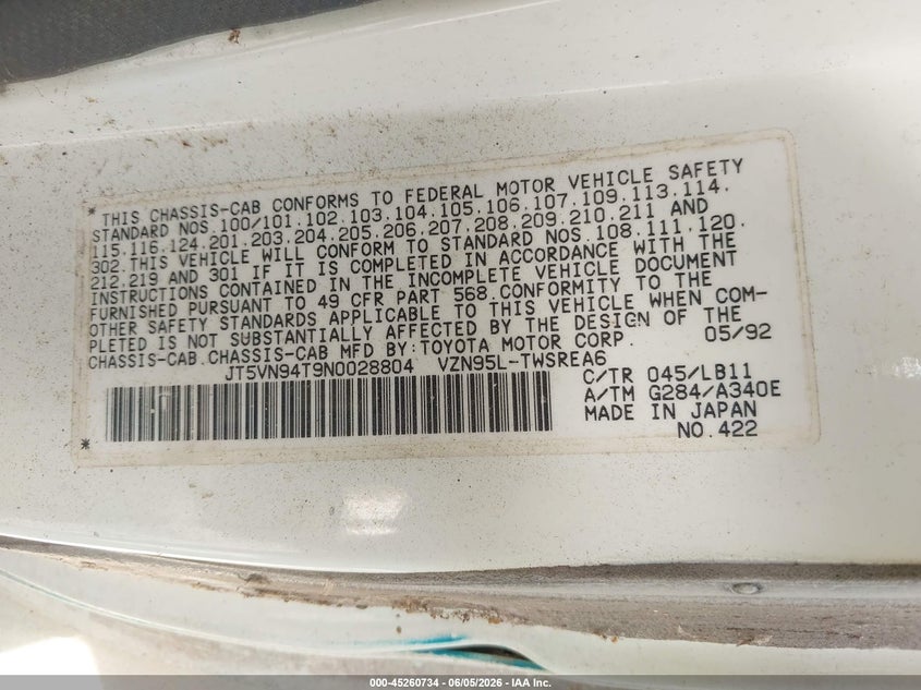 1992 Toyota Pickup VIN JT5VN94T9N0028804 IAAI salvage auction — REAR END, Clear (Tennessee), sold $500 on 2026-07-06 (photo 9)
