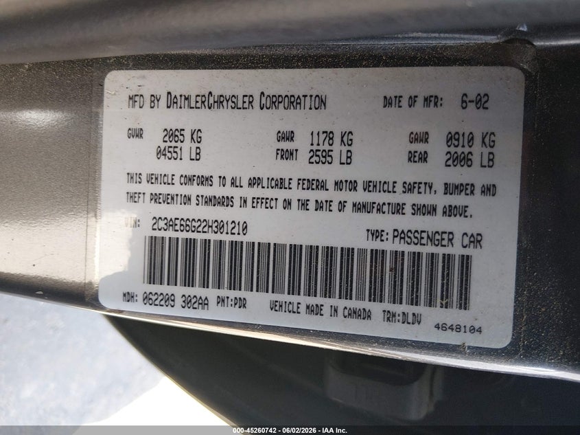 2002 Chrysler 300m VIN 2C3AE66G22H301210 IAAI salvage auction — NORMAL WEAR, Clear (North Carolina), sold $375 on 2026-07-08 (photo 9)