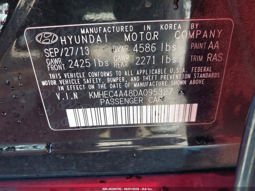 2013 Hyundai VIN KMHEC4A48DA095327 IAAI salvage auction — FRONT END, Clear (Oklahoma), sold $1,900 on 2026-07-15 (photo 9)