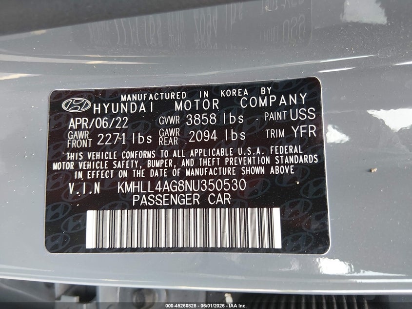 2022 Hyundai Elantra VIN KMHLL4AG8NU350530 IAAI salvage auction — REAR END, Salvage Title, sold $4,050 on 2026-07-09 (photo 9)