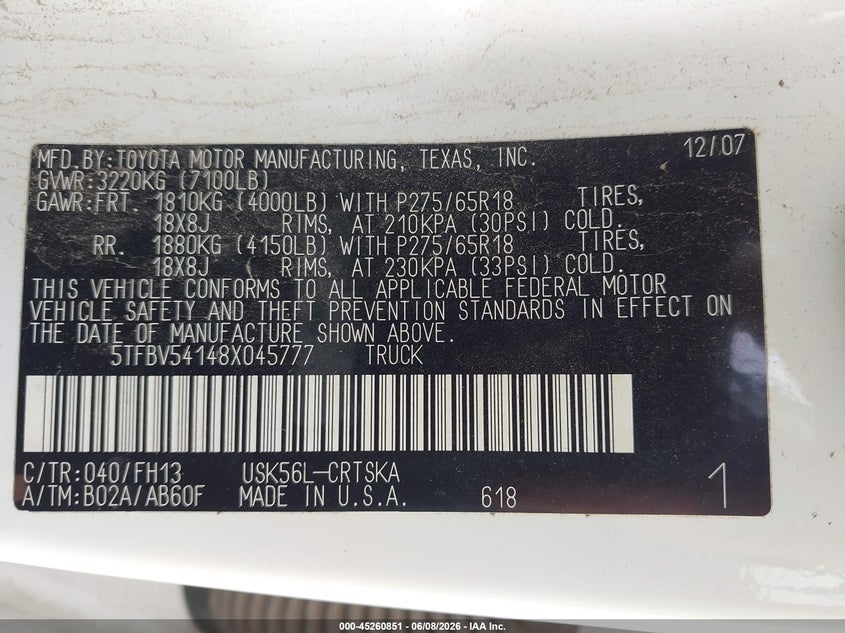 2008 Toyota Tundra VIN 5TFBV54148X045777 IAAI salvage auction — HAIL, Salvage (Kansas), sold $3,650 on 2026-07-24 (photo 9)