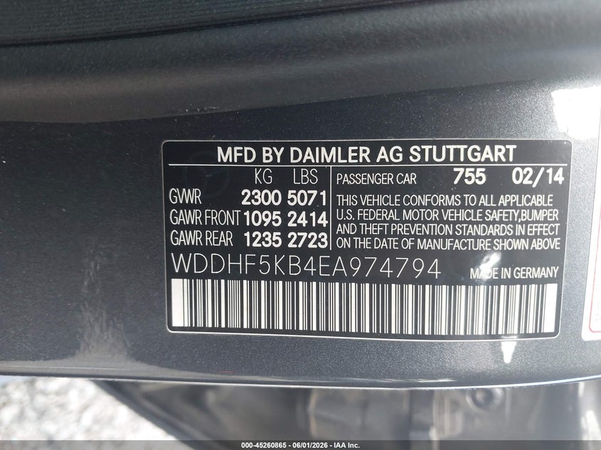 2014 Mercedes-benz E-klasse VIN WDDHF5KB4EA974794 IAAI salvage auction — THEFT, Salvage Title, sold $1,250 on 2026-07-22 (photo 9)