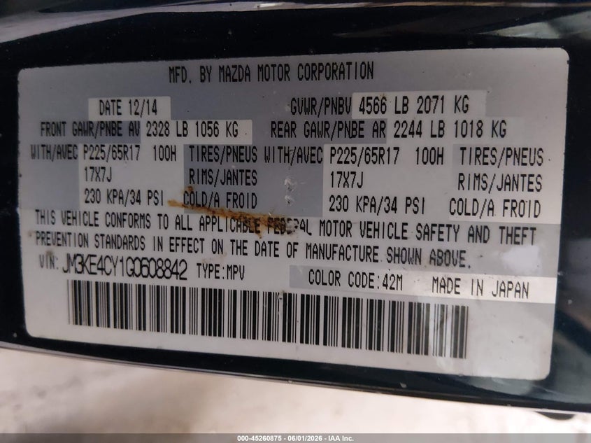 2016 Mazda Cx-5 VIN JM3KE4CY1G0608842 IAAI salvage auction — LEFT SIDE, Salvage Title, sold $2,050 on 2026-07-06 (photo 9)