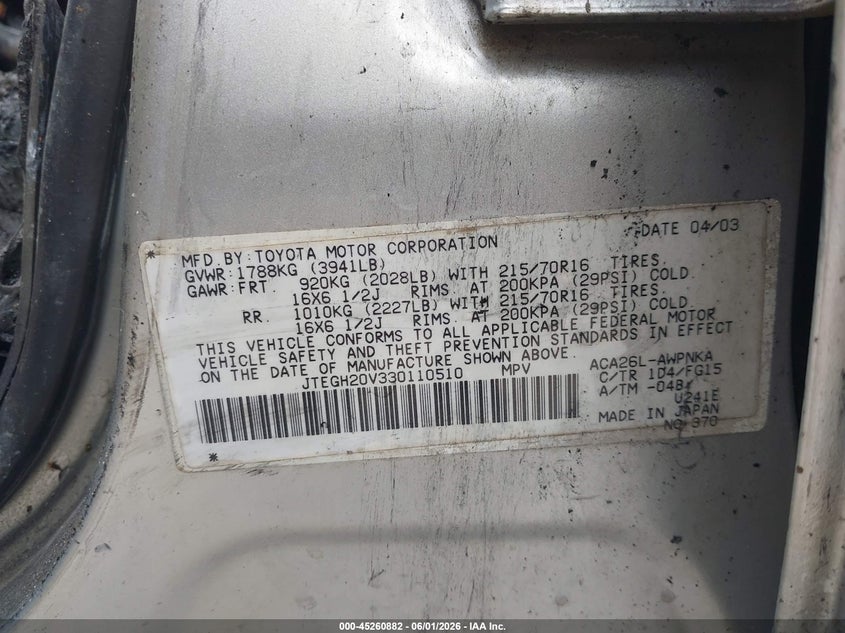 2003 Toyota Rav4 VIN JTEGH20V330110510 IAAI salvage auction — ENGINE BURN, Clear (Indiana), sold $275 on 2026-07-08 (photo 9)