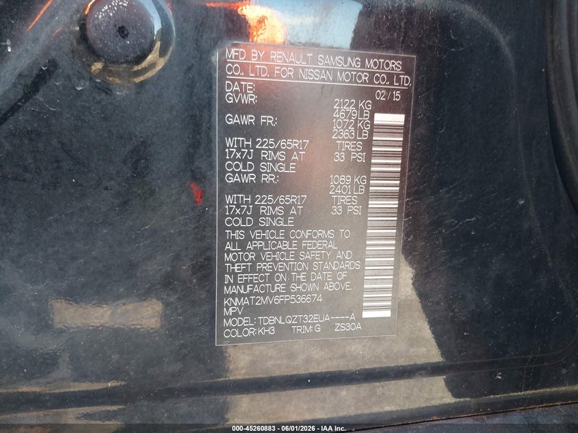2015 Nissan Rogue VIN KNMAT2MV6FP536674 IAAI salvage auction — REAR END, Salvage (Massachusetts), sold $425 on 2026-07-24 (photo 9)