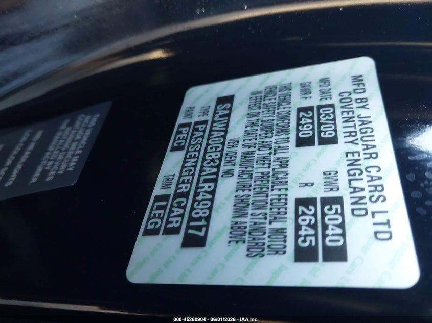 2010 Jaguar Xf VIN SAJWA0GB3ALR49817 IAAI salvage auction — MECHANICAL, Original (Texas), sold $900 on 2026-07-08 (photo 9)