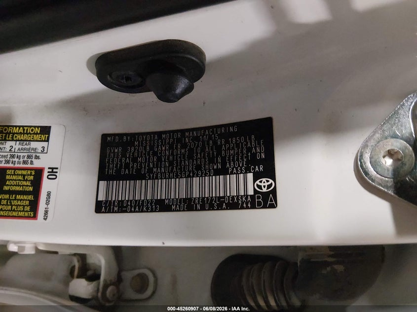2016 Toyota Corolla VIN 5YFBURHE5GP429250 IAAI salvage auction — FRONT END, Salvage Title, sold $3,650 on 2026-07-07 (photo 9)