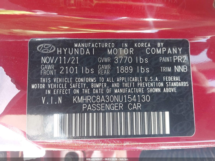 2022 Hyundai Venue VIN KMHRC8A30NU154130 IAAI salvage auction — LEFT FRONT, Salvage Title, sold $4,250 on 2026-07-13 (photo 9)