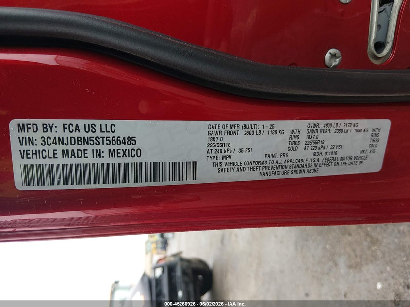 2025 Jeep Compass VIN 3C4NJDBN5ST566485 IAAI salvage auction — HAIL, Salvage Title, sold $25 on 2026-07-24 (photo 9)