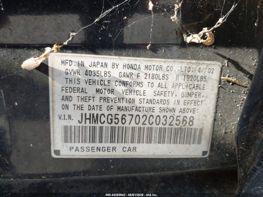 2002 Honda Accord VIN JHMCG56702C032568 IAAI salvage auction — HAIL, Clear (Missouri), sold $200 on 2026-07-06 (photo 9)