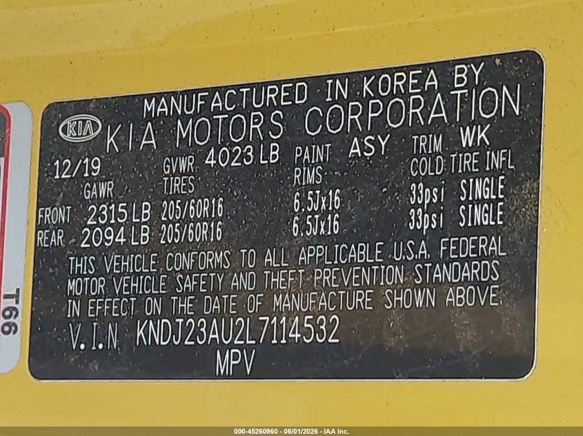 2020 Kia Soul VIN KNDJ23AU2L7114532 IAAI salvage auction — ROOF, Salvage (Mississippi), sold $1,150 on 2026-07-23 (photo 9)