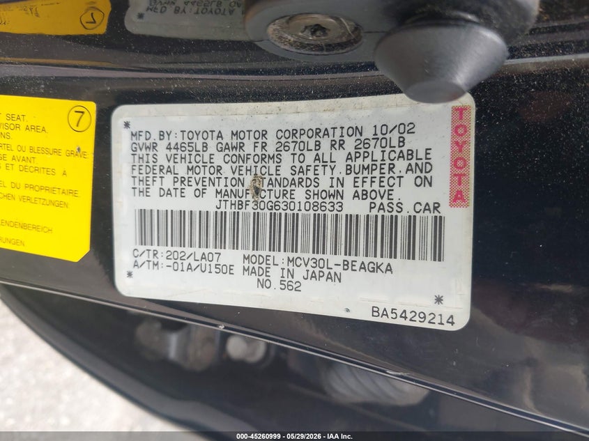2003 Lexus ES VIN JTHBF30G630108633 IAAI salvage auction — NORMAL WEAR, Clear (Georgia), sold $450 on 2026-07-15 (photo 9)
