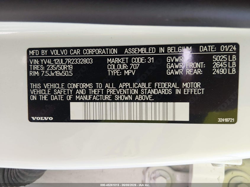 2024 Volvo Xc40 VIN YV4L12UL7R2332803 IAAI salvage auction — FRONT END, Salvage Title, sold $2,800 on 2026-07-23 (photo 9)