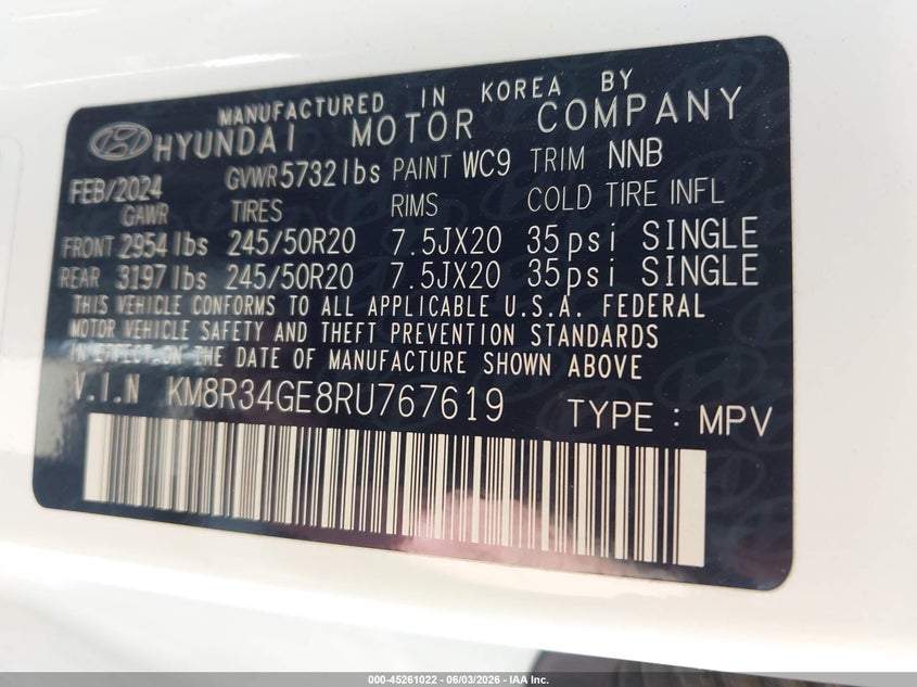2024 Hyundai Palisade VIN KM8R34GE8RU767619 IAAI salvage auction — FRONT END, Salvage (California), sold $5,700 on 2026-07-29 (photo 9)