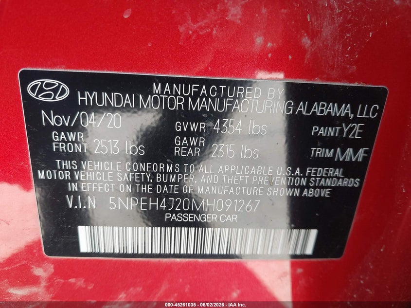 2021 Hyundai Sonata VIN 5NPEH4J20MH091267 IAAI salvage auction — LEFT FRONT, Salvage (Illinois), sold $3,550 on 2026-08-02 (photo 9)