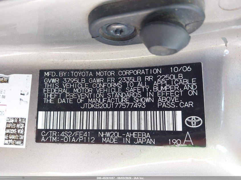 2007 Toyota Prius VIN JTDKB20U177577493 IAAI salvage auction — LEFT REAR, Clear (New Jersey), sold $550 on 2026-07-13 (photo 9)
