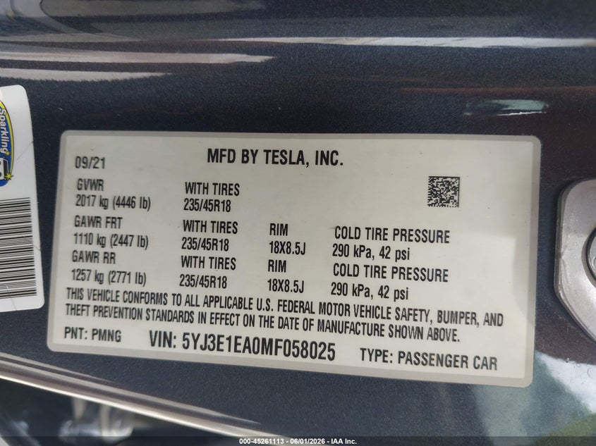2021 Tesla Model 3 VIN 5YJ3E1EA0MF058025 IAAI salvage auction — RIGHT SIDE, Salvage Title, sold $4,700 on 2026-07-15 (photo 9)