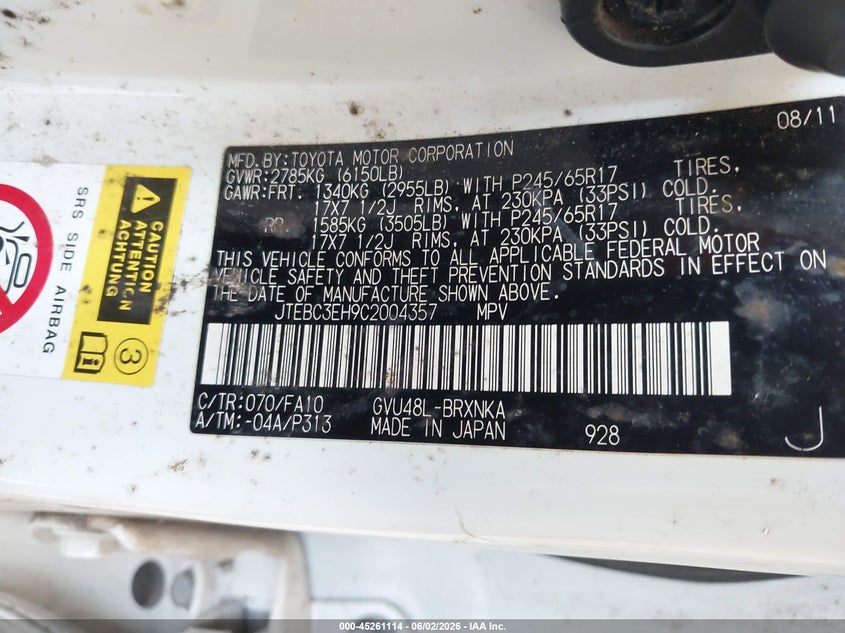 2012 Toyota Highlander VIN JTEBC3EH9C2004357 IAAI salvage auction — NORMAL WEAR, Clear (Tennessee), sold $1,050 on 2026-07-06 (photo 9)