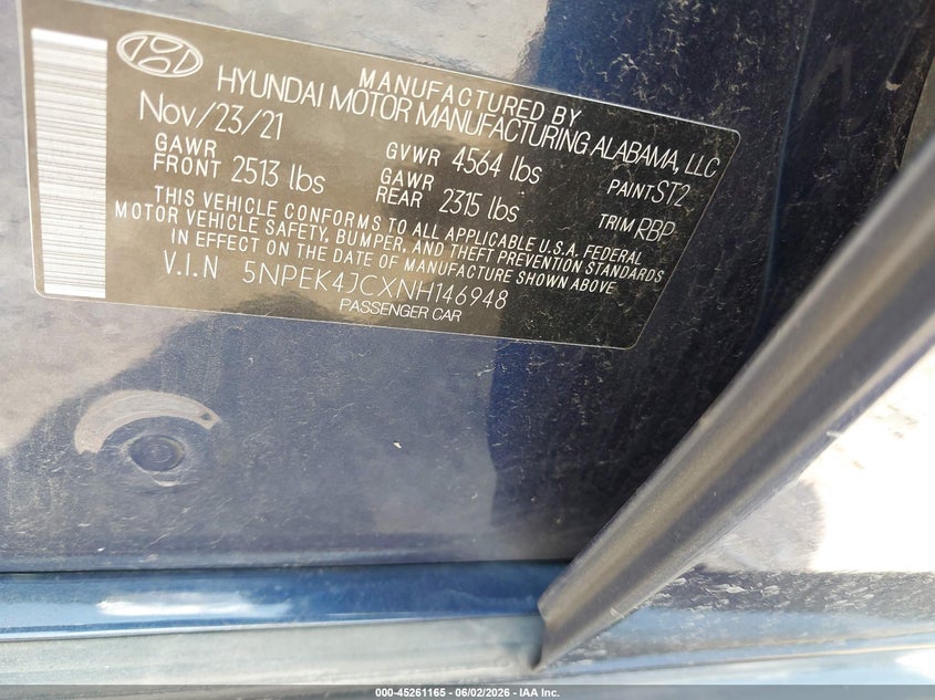 2022 Hyundai Sonata VIN 5NPEK4JCXNH146948 IAAI salvage auction — HAIL, Original (Texas), sold $9,975 on 2026-07-07 (photo 9)