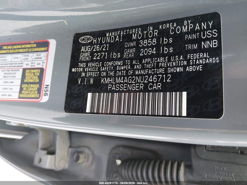 2022 Hyundai Elantra VIN KMHLM4AG2NU246712 IAAI salvage auction — REAR END, Salvage (Kentucky), sold $3,800 on 2026-07-31 (photo 9)