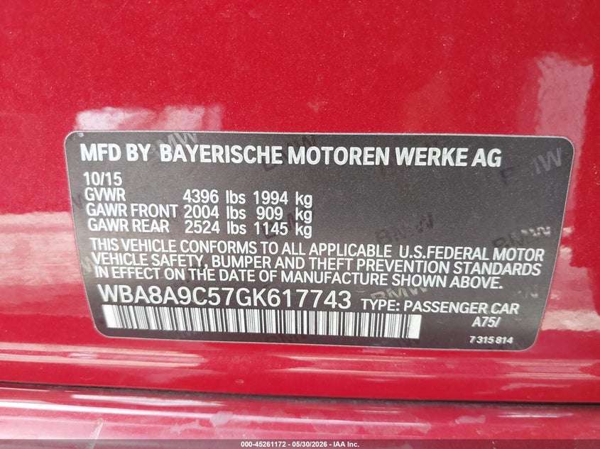 2016 BMW 3er VIN WBA8A9C57GK617743 IAAI salvage auction — RIGHT FRONT, Salvage Title, sold $3,050 on 2026-07-20 (photo 9)