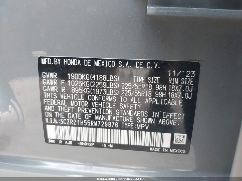 2024 Honda Hr-v VIN 3CZRZ1H55RM729876 IAAI salvage auction — FRONT & REAR, Certificate Of Destruction (Florida), sold $3,300 on 2026-08-01 (photo 9)