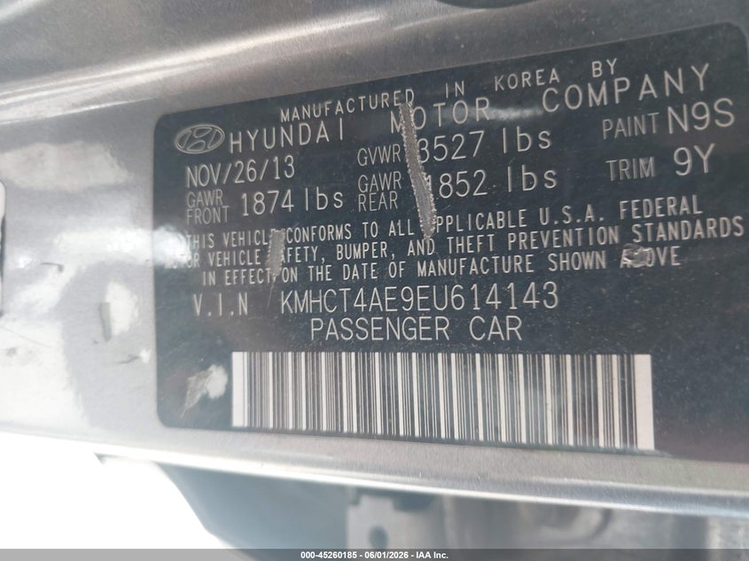 2014 Hyundai Accent VIN KMHCT4AE9EU614143 IAAI salvage auction — NORMAL WEAR, Clear (Utah), sold $350 on 2026-07-09 (photo 9)