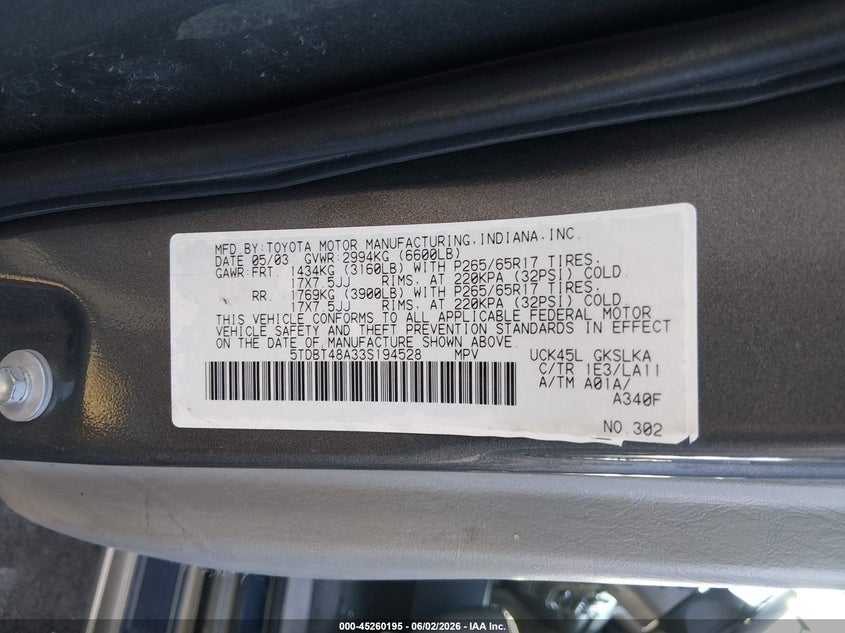 2003 Toyota Sequoia VIN 5TDBT48A33S194528 IAAI salvage auction — FRONT END, Salvage (Illinois), sold $825 on 2026-07-21 (photo 9)