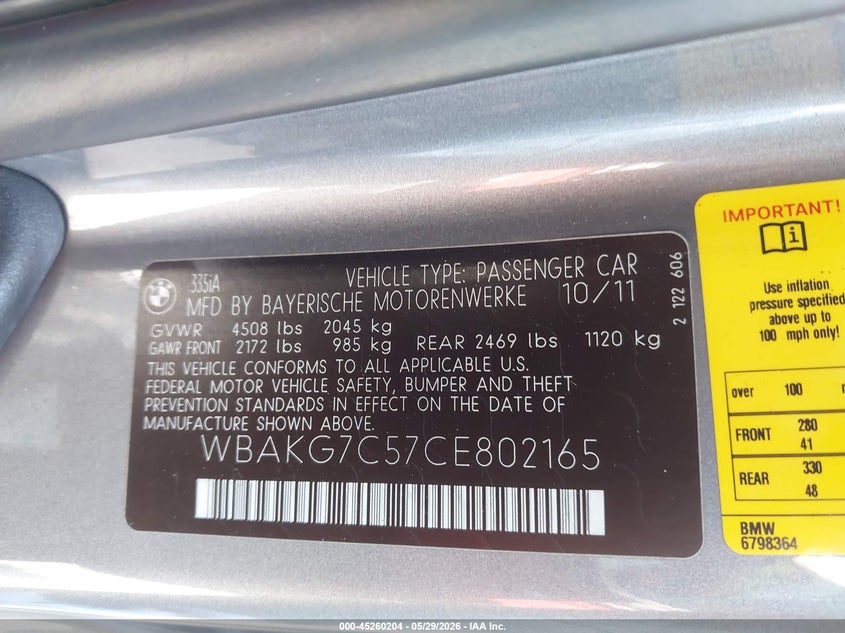 2012 BMW 3er VIN WBAKG7C57CE802165 IAAI salvage auction — FRONT END, Salvage Title, sold $2,400 on 2026-07-16 (photo 9)