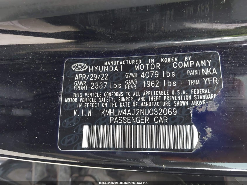 2022 Hyundai Elantra VIN KMHLM4AJ2NU032069 IAAI salvage auction — LEFT FRONT, Salvage Title, sold $4,300 on 2026-07-28 (photo 9)