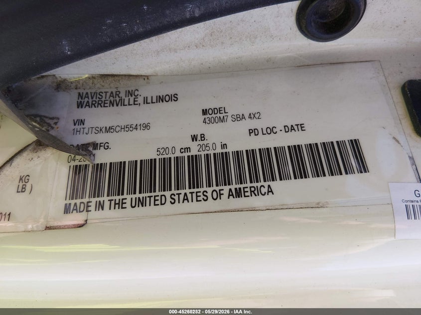 2012 International 4000 series VIN 1HTJTSKM5CH554196 IAAI salvage auction — NORMAL WEAR, SF97 (Virginia), sold $5,450 on 2026-07-31 (photo 9)