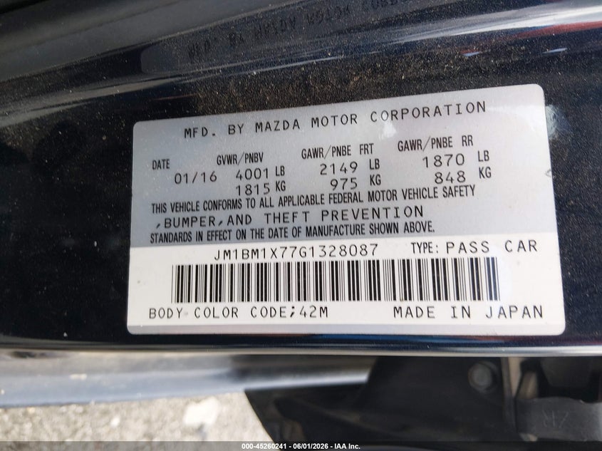 2016 Mazda VIN JM1BM1X77G1328087 IAAI salvage auction — FRONT END, Salvage (Georgia), sold $1,500 on 2026-07-24 (photo 9)
