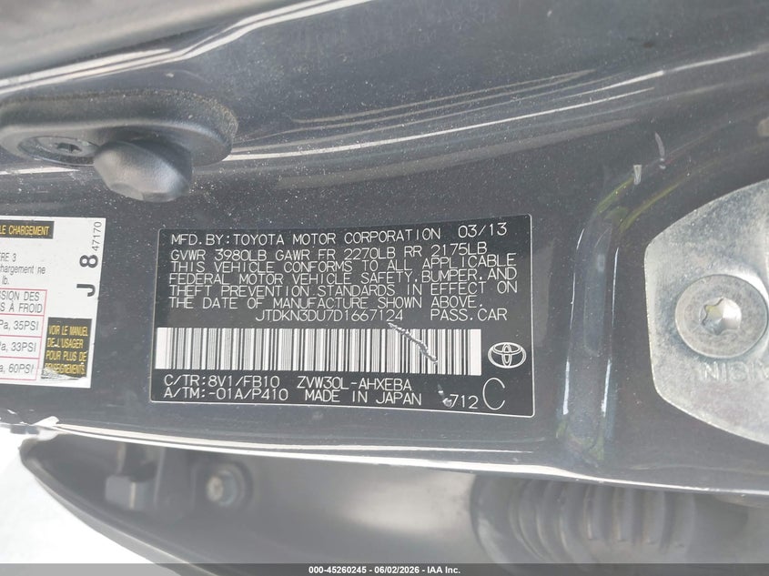 2013 Toyota Prius VIN JTDKN3DU7D1667124 IAAI salvage auction — SIDE, Salvage Title, sold $1,250 on 2026-07-12 (photo 9)