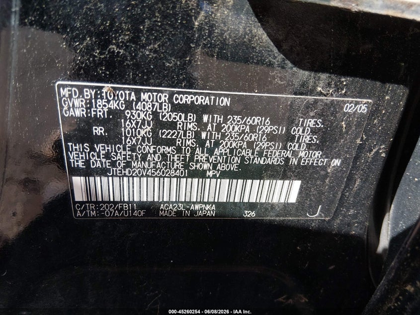 2005 Toyota Rav 4 VIN JTEHD20V456028401 IAAI salvage auction — NORMAL WEAR, Clear (Massachusetts), sold $675 on 2026-07-17 (photo 9)