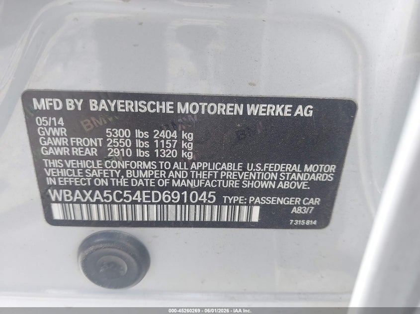 2014 BMW 5er VIN WBAXA5C54ED691045 IAAI salvage auction — NORMAL WEAR, Original (Texas), sold $2,250 on 2026-07-08 (photo 9)