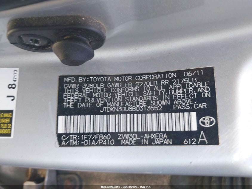2011 Toyota Prius VIN JTDKN3DU8B0313552 IAAI salvage auction — LEFT SIDE, Salvage (Ohio), sold $1,100 on 2026-07-14 (photo 9)
