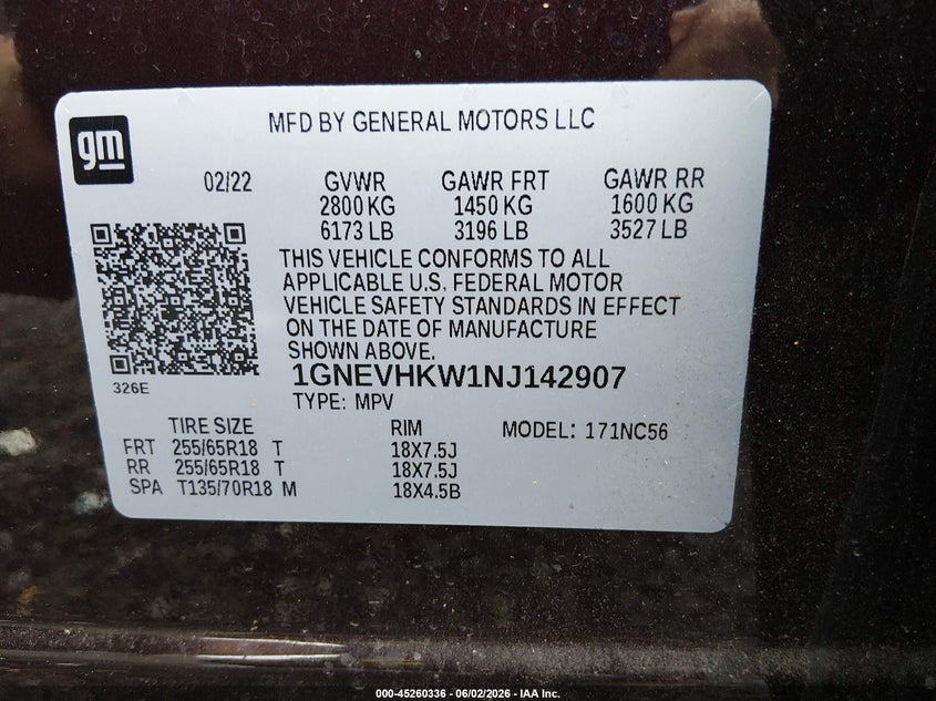 2022 Chevrolet Traverse VIN 1GNEVHKW1NJ142907 IAAI salvage auction — REAR END, Clear (South Carolina), sold $8,700 on 2026-07-28 (photo 9)