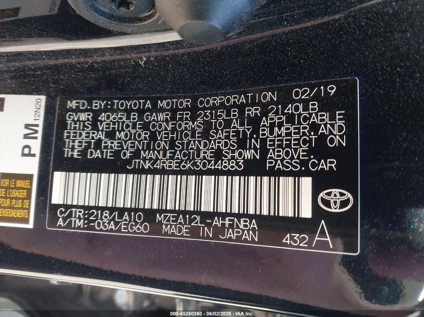 2019 Toyota Corolla VIN JTNK4RBE6K3044883 IAAI salvage auction — FRONT END, Salvage (North Carolina), sold $2,600 on 2026-07-29 (photo 9)