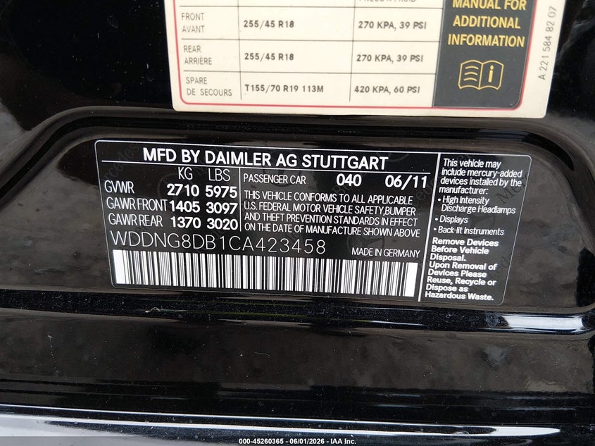 2012 Mercedes-benz VIN WDDNG8DB1CA423458 IAAI salvage auction — FRONT END, Salvage Title, sold $1,900 on 2026-08-12 (photo 9)