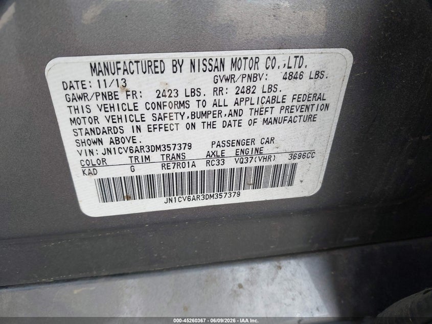 2013 Infiniti G VIN JN1CV6AR3DM357379 IAAI salvage auction — FRONT END, Salvage Title, sold $300 on 2026-07-10 (photo 9)