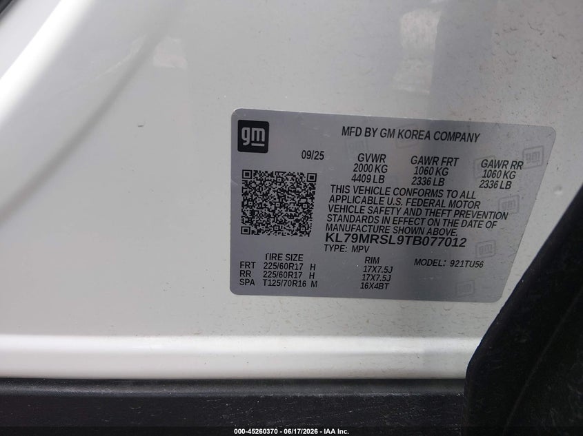 2026 Chevrolet Trailblazer VIN KL79MRSL9TB077012 IAAI salvage auction — FRONT END, Enterprise Vehicles Clear Only (Tennessee), sold $16,000 on 2026-07-14 (photo 9)