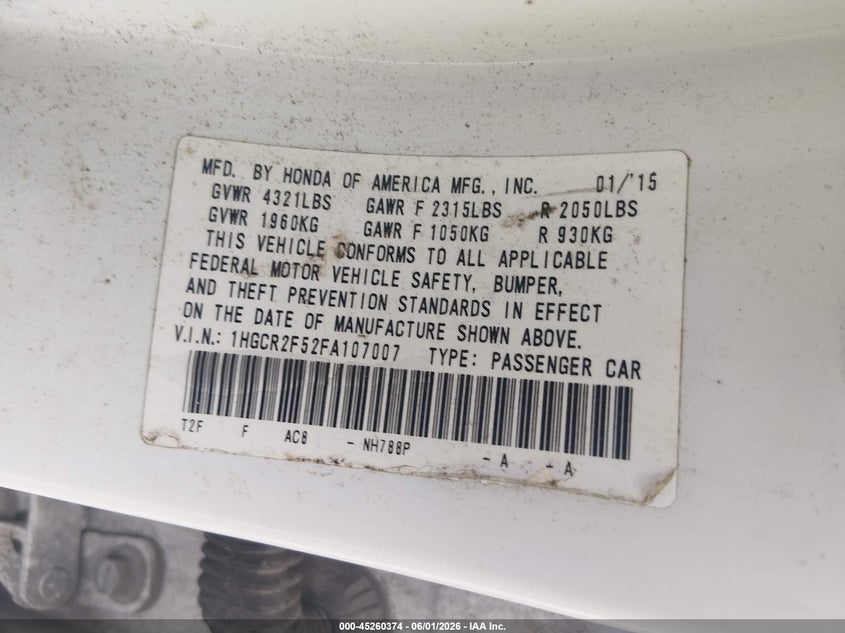 2015 Honda Accord VIN 1HGCR2F52FA107007 IAAI salvage auction — RIGHT SIDE, Salvage Title, sold $675 on 2026-07-28 (photo 9)