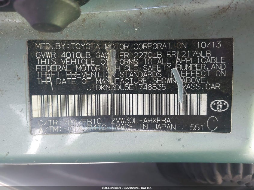 2014 Toyota Prius VIN JTDKN3DU5E1748835 IAAI salvage auction — NORMAL WEAR, Clear (New Jersey), sold $1,625 on 2026-07-15 (photo 9)