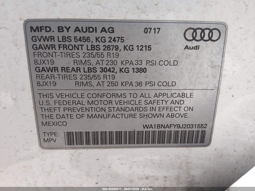 2018 Audi Q5 VIN WA1BNAFY9J2031552 IAAI salvage auction — LEFT FRONT, Salvage Title, sold $725 on 2026-07-28 (photo 9)