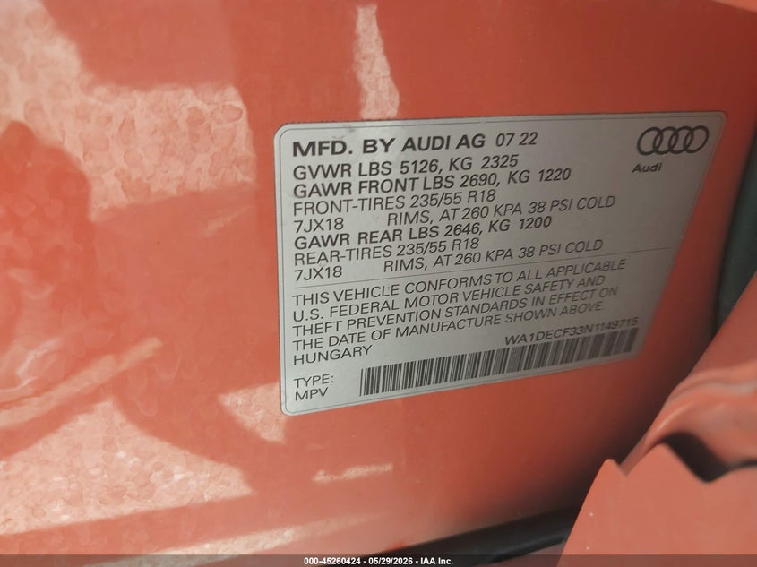 2022 Audi Q3 VIN WA1DECF33N1149715 IAAI salvage auction — FRONT END, Salvage Title, sold $8,275 on 2026-07-07 (photo 9)